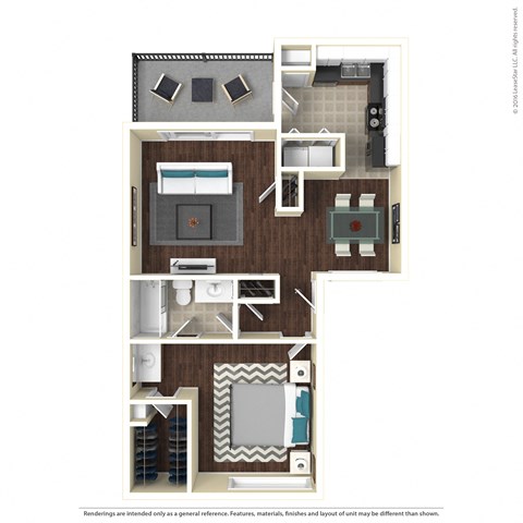 a stylized floor plan with a bedroom and a living room